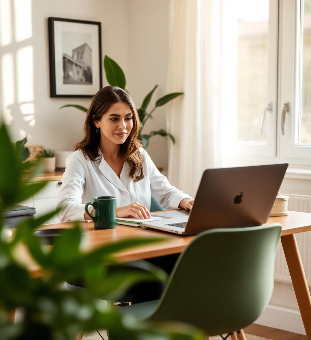 Sarah working at a bright, plant-filled desk with a laptop and notebook