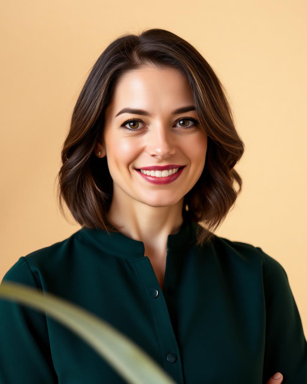 Sarah, founder of SB Studio, in a green blouse against a warm cream background