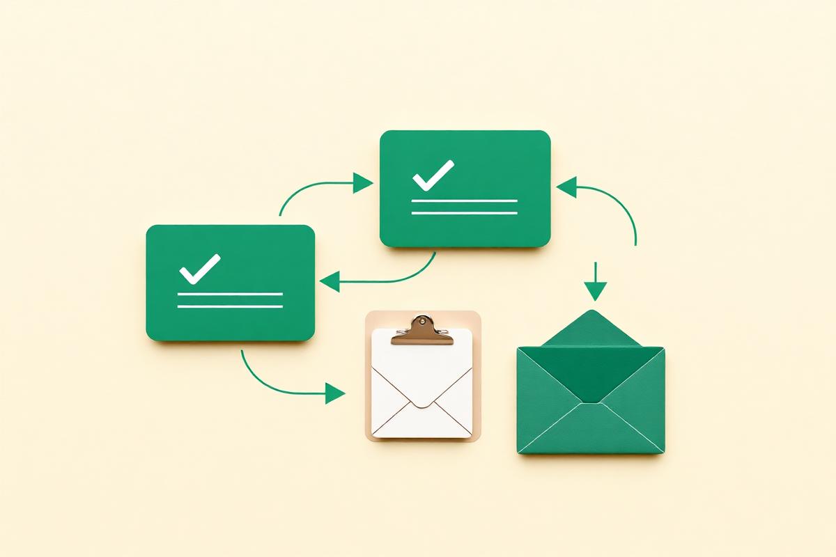 Illustrated onboarding workflow with connected checklist cards and envelopes
