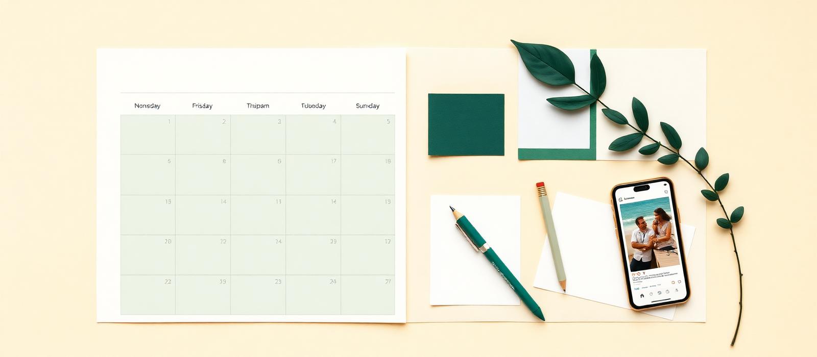 Flat-lay of a content calendar, phone with a social post, and stationery